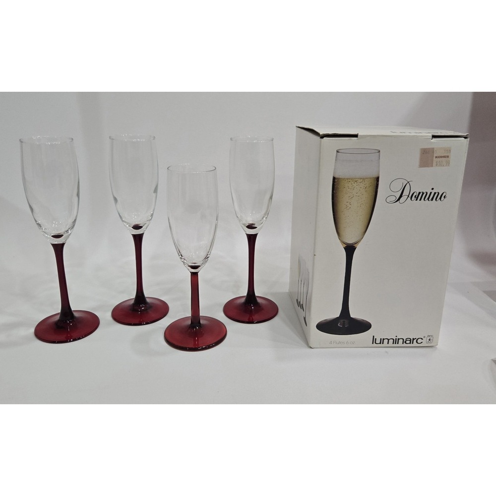Luminarc Domino Red Stem Champagne Flute Glassware Set of 4 Mismatched With Box